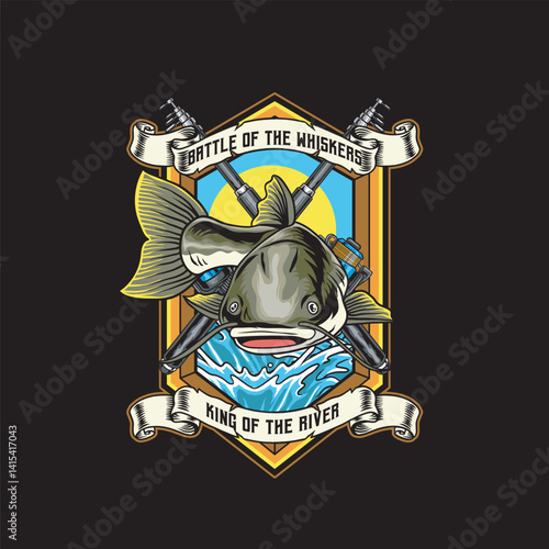 Vector Illustration of Catfish and Fishing Rod with Vintage Retro Illustration Available for Logo Badge