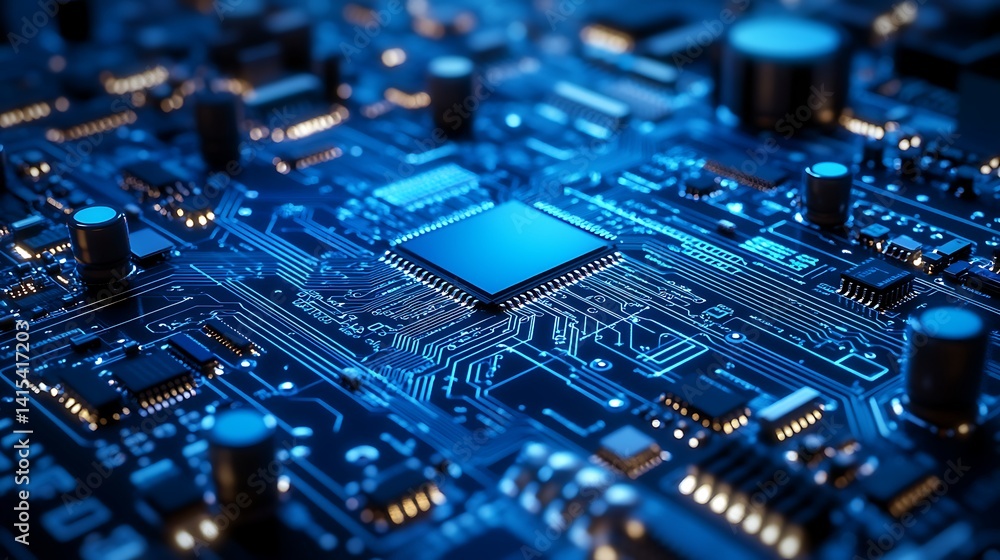 Close-Up of Blue Circuit Board with Microchip Close-Up of Blue Circuit Board with Microchip