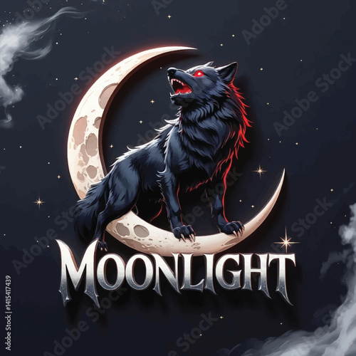 Howl of the Night: Glowing-Eyed Wolf and Mystical Moon with Bold “MOONLIGHT” Text in a Dramatic, Fantasy Logo Composition, Typography Vector T-shirt Design