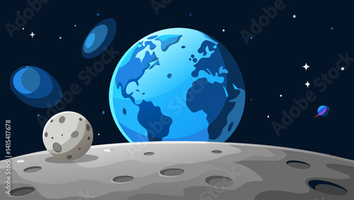 A man in a spacesuit stands on the surface of a moon. The moon is in the background, and the man is looking up at the sky. Concept of adventure and exploration