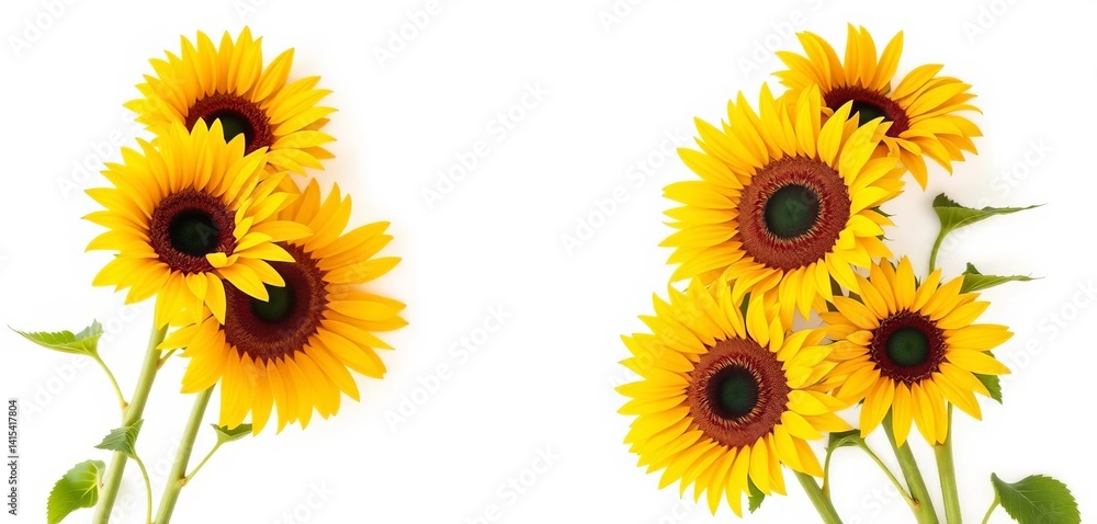 Vibrant yellow sunflowers against pure white background, flower, botany Vibrant yellow sunflowers against pure white background, flower, botany