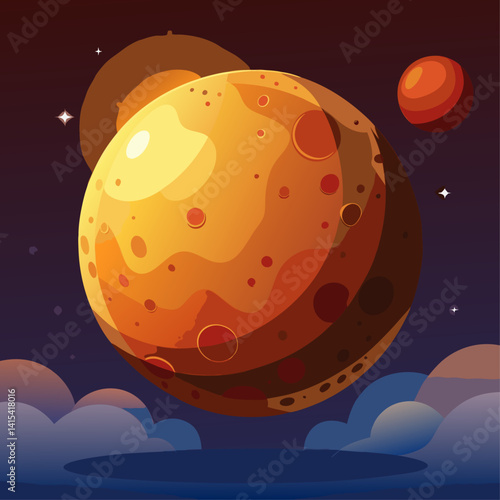 A blue planet with a blue stripe on it. The planet is surrounded by clouds. The sky is dark and the planet is the main focus of the image