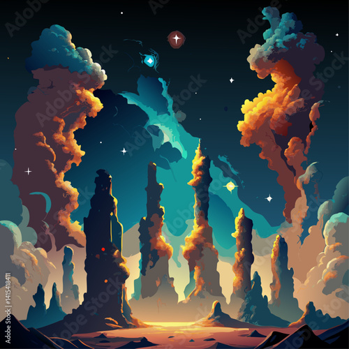 A colorful, fantastical scene of a rocky landscape with a bright blue sky. The sky is filled with clouds and stars, and there are several tall, colorful pillars scattered throughout the scene