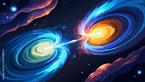 Two spiral galaxies are colliding in space, creating a beautiful and dynamic scene. The colors of the galaxies are vibrant and the stars are shining brightly. Scene is one of wonder