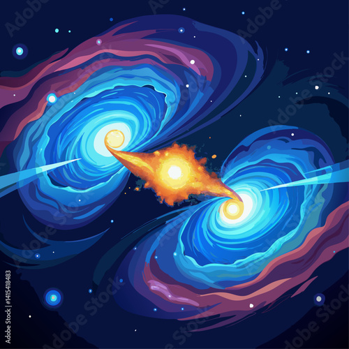 Two spiral galaxies are colliding in space, creating a beautiful and dynamic scene. The colors of the galaxies are vibrant and the stars are shining brightly. Scene is one of wonder