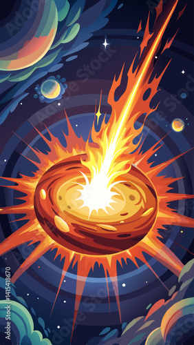 A fiery explosion in space with a bright yellow sun in the center. The explosion is surrounded by planets and stars, creating a sense of chaos and destruction