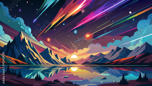 A colorful sky with a starry background and a mountain range in the foreground. The sky is filled with shooting stars, and the mountains are covered in trees