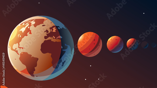 A drawing of the planets in the solar system. The planets are shown in order from the sun, with the largest planet being Jupiter. The drawing is in black and white and has a moody