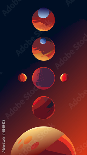 A drawing of the planets in the solar system. The planets are shown in order from the sun, with the largest planet being Jupiter. The drawing is in black and white and has a moody