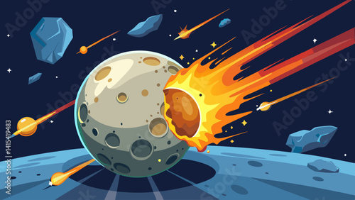 A cartoon of a planet with a large crater and a fire in the middle. The fire is surrounded by a lot of rocks and debris