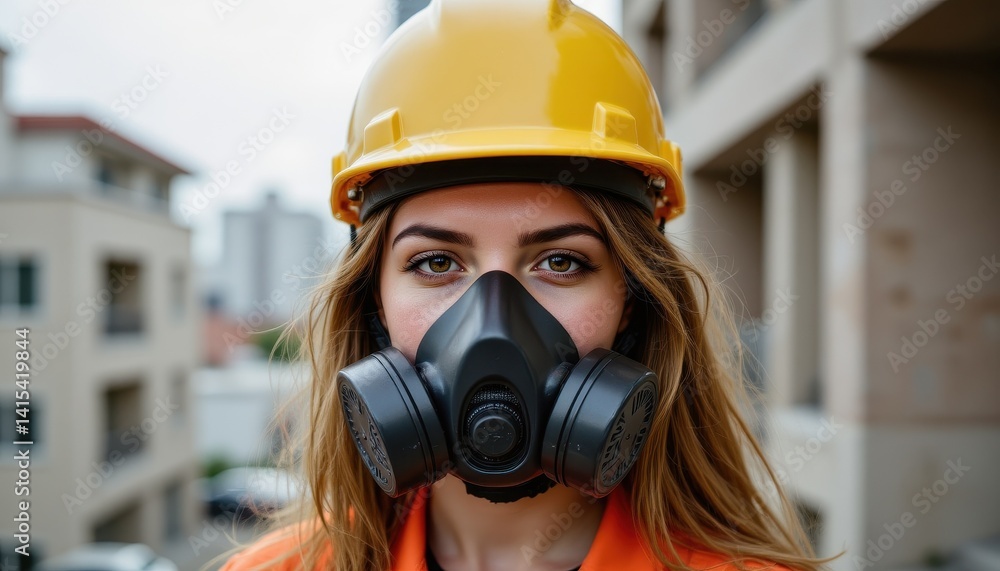 The construction worker is wearing a bright yellow safety helmet and a black gas mask The construction worker is wearing a bright yellow safety helmet and a black gas mask