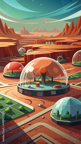 A drawing of a desert with a few domes in the middle. The domes are green and the desert is orange
