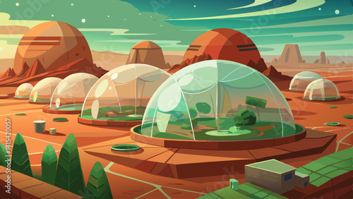A drawing of a desert with a few domes in the middle. The domes are green and the desert is orange