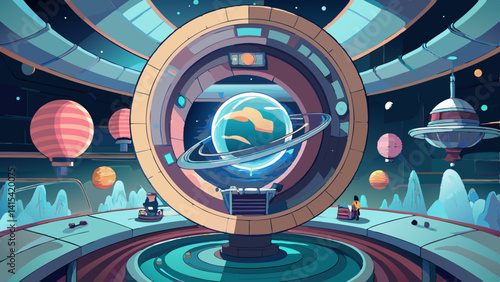 A colorful space with a large round object in the center. There are many colorful balloons and a person is standing in the middle of the scene