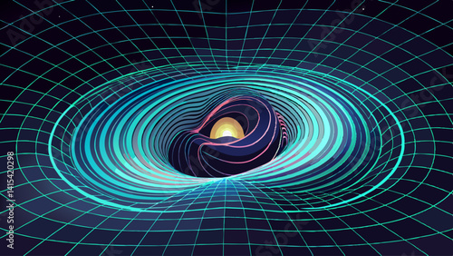 A spiral galaxy with a black hole in the center. The spiral is orange and yellow. The galaxy is surrounded by a black background