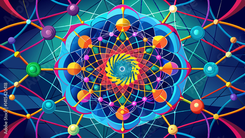 A colorful, abstract design with many different colored spheres. The design is very intricate and has a lot of detail. It seems to be a representation of the universe or some kind of cosmic energy