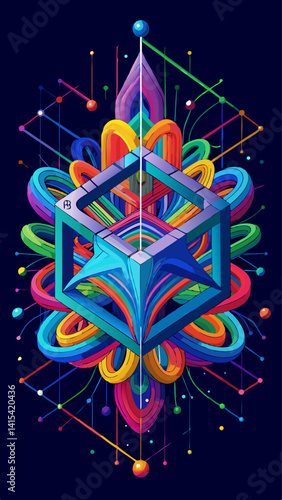 A colorful, abstract design with many different colored spheres. The design is very intricate and has a lot of detail. It seems to be a representation of the universe or some kind of cosmic energy