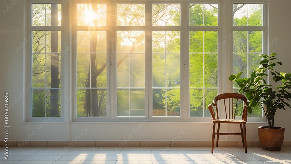 Fototapeta premium A single chair in front of a large window, illuminated by bright sunlight filtering through the glass