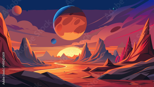 A painting of a desert landscape with a person standing in the foreground. The sky is orange and the sun is setting