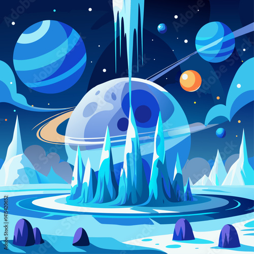 A blue and white space with a large blue planet in the center. The planet is surrounded by a ring of smaller planets. The sky is filled with stars and the atmosphere is cold and desolate