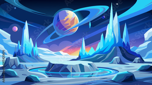 A blue and white space with a large blue planet in the center. The planet is surrounded by a ring of smaller planets. The sky is filled with stars and the atmosphere is cold and desolate