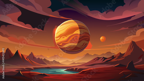 A large orange planet with mountains in the background. The sky is dark and the stars are visible