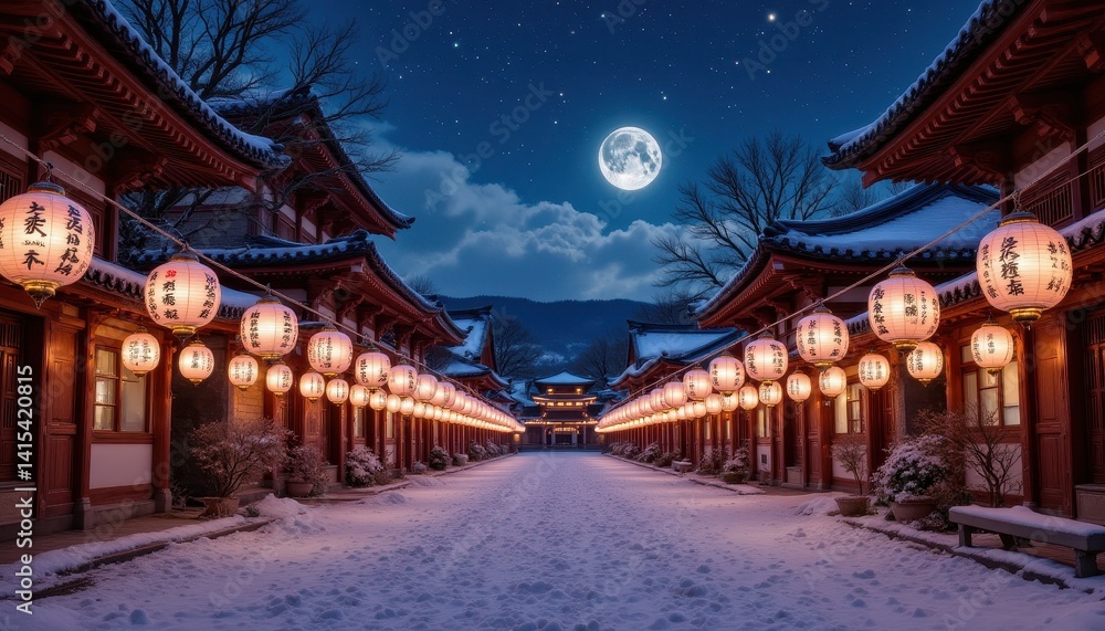 The traditional Korean lanterns sway gently in the cool night breeze, casting a soft, warm glow on the snow covered ground below The traditional Korean lanterns sway gently in the cool night breeze, casting a soft, warm glow on the snow covered ground below