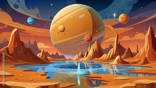A space scene with a large planet in the center and several smaller planets surrounding it. The sky is dark and the planets are orange