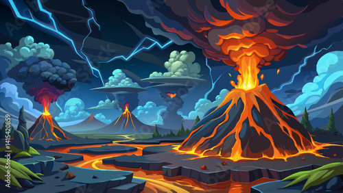 A volcanic landscape with three volcanoes and a lightning storm in the background. Scene is intense and dramatic