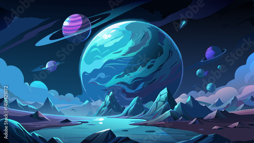 A serene and peaceful scene of a blue planet with a blue ocean and several other planets in the background. The blue planet is the main focus of the image