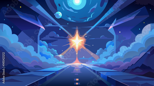 A blue and white space with a star and a planet in the center. The star is surrounded by a blue circle