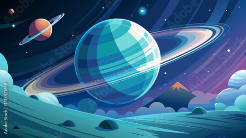 A colorful painting of a planet with a blue and orange swirl around it. The planet is surrounded by other planets and stars, creating a sense of depth and wonder. The painting evokes a feeling of awe
