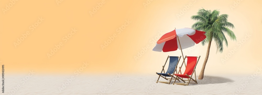 Two Beach Chairs and an Umbrella on the White Sand Under a Beautiful Sky