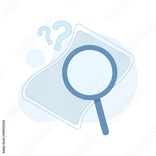 Concept of not found file, magnifying glass examining document sheet, symbolizing lost data, or unsuccessful search result. Flat design illustration on background.