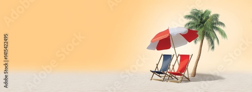 Obraz na płótnie Two Beach Chairs and an Umbrella on the White Sand Under a Beautiful Sky w salonie
