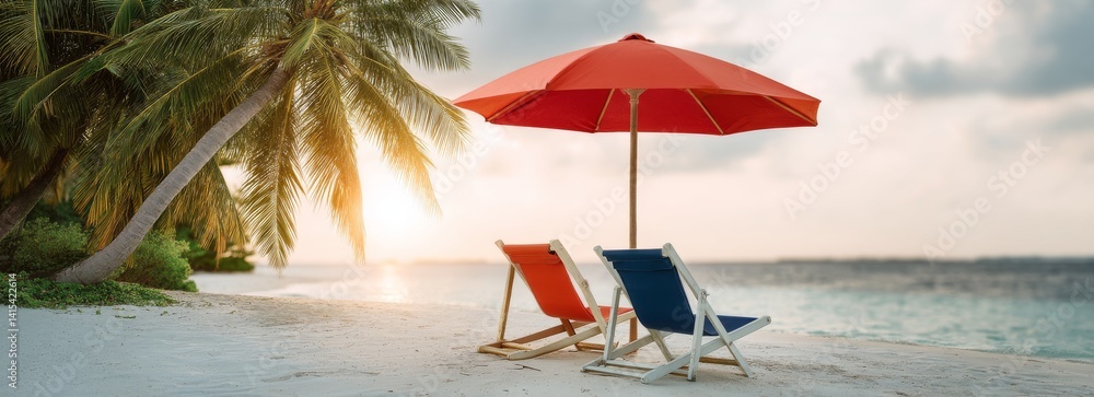 Cozy Beach Chairs Under Vibrant Umbrella on Serene White Sand Shoreline at Sunset