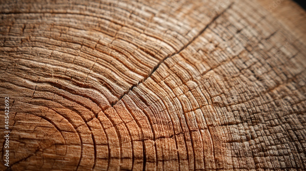 Fototapeta premium Wood Cross Section Texture: Detailed close-up of a tree's cross-section, showcasing intricate growth rings, cracks, and textures in warm, earthy tones.