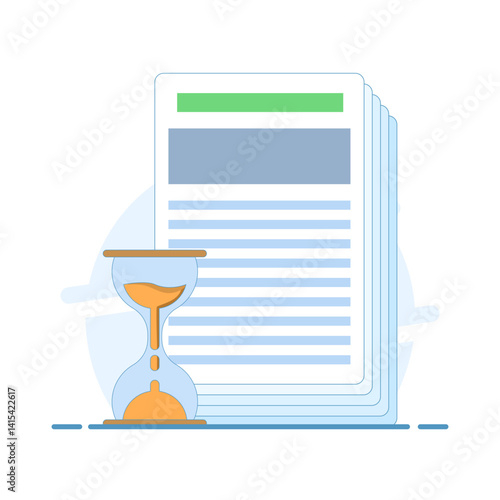 concept of document in progress. paper document with hourglass symbol, representing a file or document in progress, under review, or awaiting approval. flat design illustration in the background.