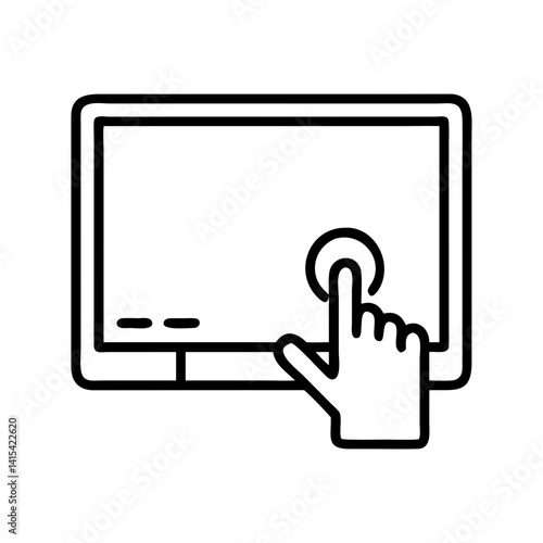 Touchscreen monitor vector icon illustration, hand touching screen display, interactive panel device