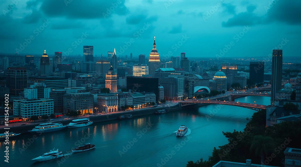 Fototapeta premium A city bathed in rich deep teal, exuding luxury and vibrancy.jpg