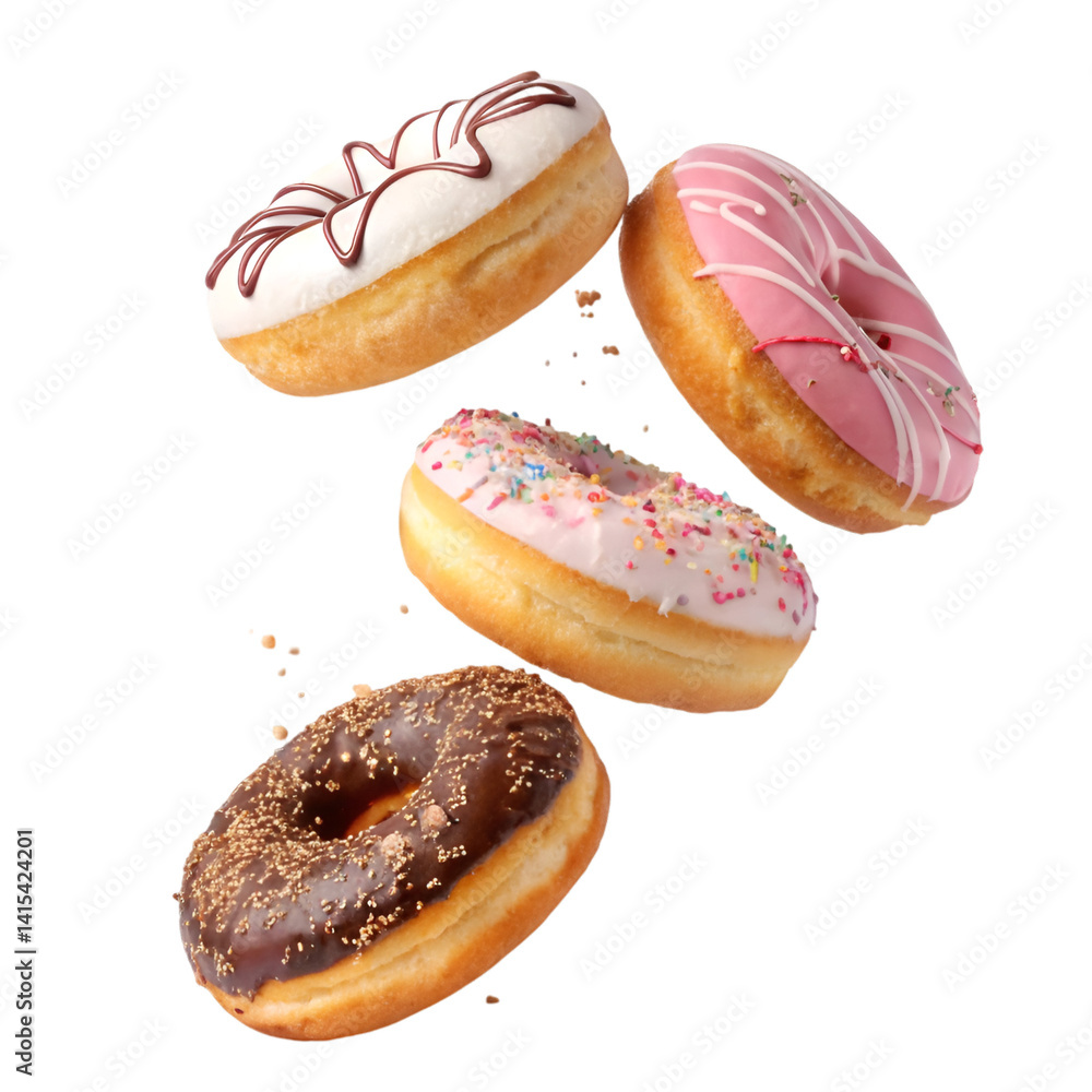 Fotografie 3 donuts falling isolated on white background
