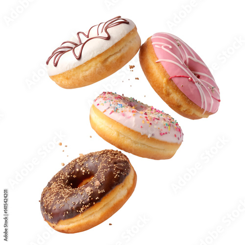 3 donuts falling isolated on white background