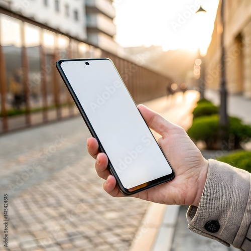close-up of a girl holding a black phone in daylight. background blur, near the street, road, town area. or city area,.