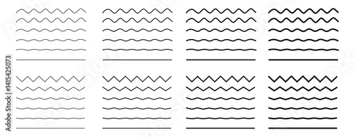Wavy and zigzag lines. Various wave patterns arranged in a grid format for design and Vector illustration purposes