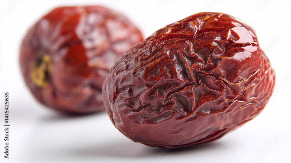 Close-up of two dried red dates (jujube or Chinese dates) on white background. Close-up of two dried red dates (jujube or Chinese dates) on white background.