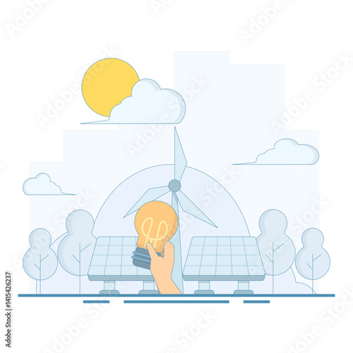 Renewable Energy Concept. with hand holding green leaf light bulb recycling wind solar energy campaign. for website homepage landing page template banner. illustration with flat style