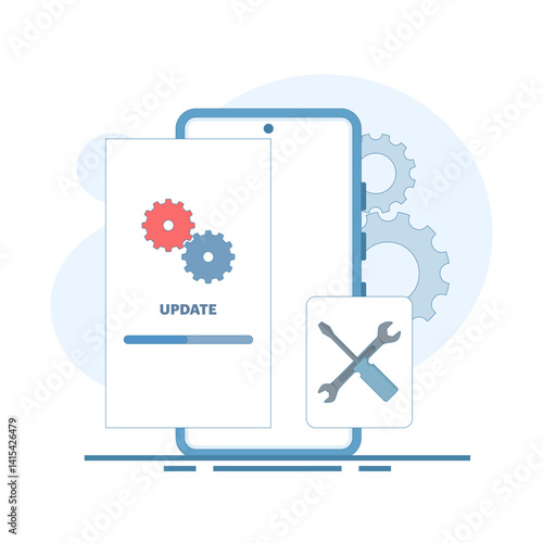 Repair and update concept, System software update, data update, loading update process on smartphone screen screwdriver key. Isolated background flat design illustration.