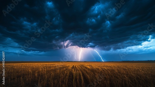 Dramatic lightning storm over a golden wheat field.
