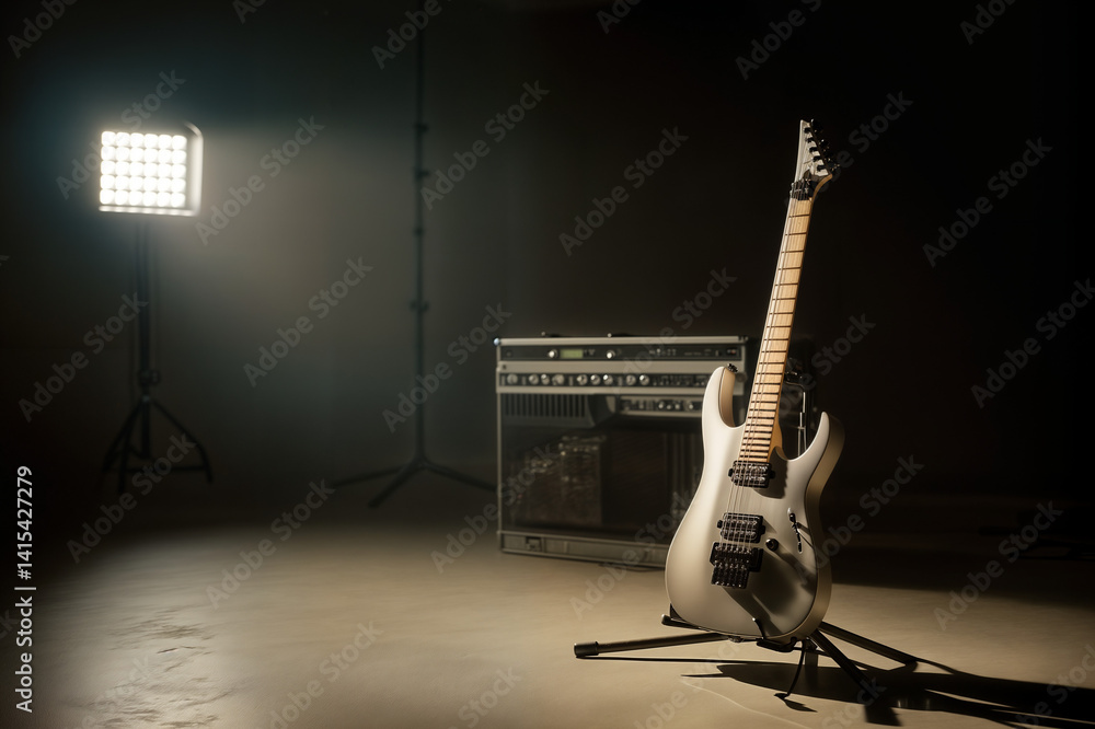 The image features an electric guitar propped up on a stand in a dimly lit room, with a spotlight shining on it