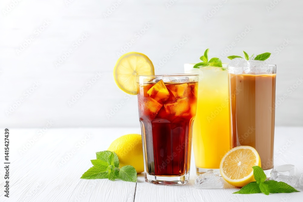 Fototapeta premium Refreshing Summer Drinks: Iced Coffee, Lemonade, and Cola - Cool summer beverages; iced coffee, lemonade, and cola. Symbolizing refreshment, relaxation, sunshine, summer fun, and thirst quenching
